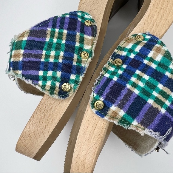 GANNI x Dr. Scholl's Blue Plaid Buckle Wooden Clog Slides Sandals Retro NEW - Picture 7 of 14